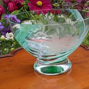 Vintage Caithness Crystal Pedestal Bowl Engraved with Orchids