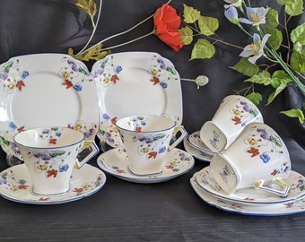Zestaw 4 standardowych porcelanowych naczyń Art Deco Cromer Shape Bone China Tea Trio