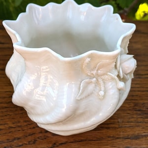 Puede incluir: Un tazón de porcelana blanca con un borde festoneado y un diseño floral texturizado. El tazón está decorado con flores y hojas en relieve.