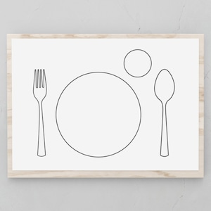 Peut inclure: Impression encadrée présentant un dessin au trait minimaliste d'une mise en place. Le design comprend une fourchette, une assiette, une cuillère et un petit cercle, le tout dans un style de ligne simple et continue sur fond blanc.