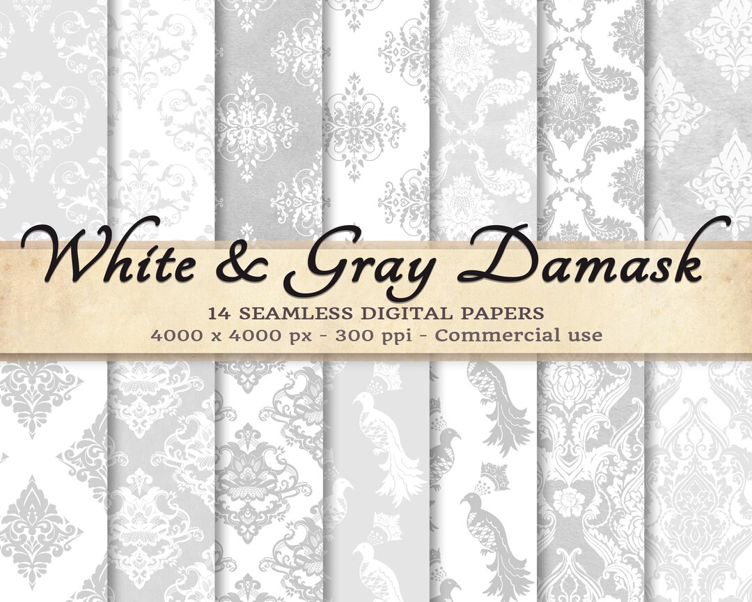 White and Gray Damask Digital Papers White and Gray Damask Etsy