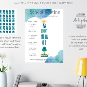 Gráfico de rutina de la escuela visual de acuarela azul para todas las edades, escuela en el hogar, sala de juegos, dormitorio, rutinas de aprendizaje para el aprendizaje no verbal, Montessori