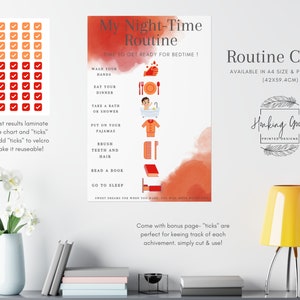 Gráfico de rutina nocturna visual de acuarela roja para todas las edades, escuela en el hogar, sala de juegos, dormitorio, rutinas de aprendizaje para el aprendizaje no verbal, Montessori