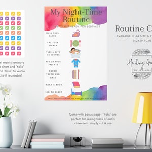 Gráfico de rutina nocturna visual de acuarela arcoíris para todas las edades, escuela en el hogar, sala de juegos, dormitorio, aprendizaje no verbal, aprendizaje Montessori