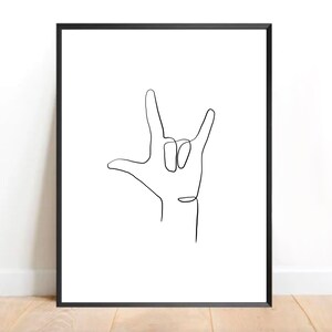 I Love You Sign Line Drawing, ILY,  Black and White or Watercolor, Minimalist Digital Art, 8x10 Print