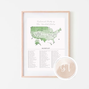 Nationale parken van de Verenigde Staten Bucketlist, VS, digitale print, Instant Download, aquarelkaart, 5x7, 8x10, 12x16