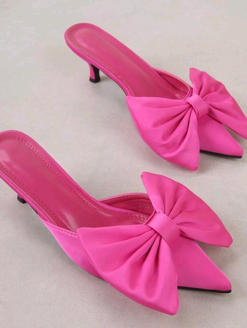 Stylish Slipon Low Black Heel Mules With Big Bow and Rhinestone