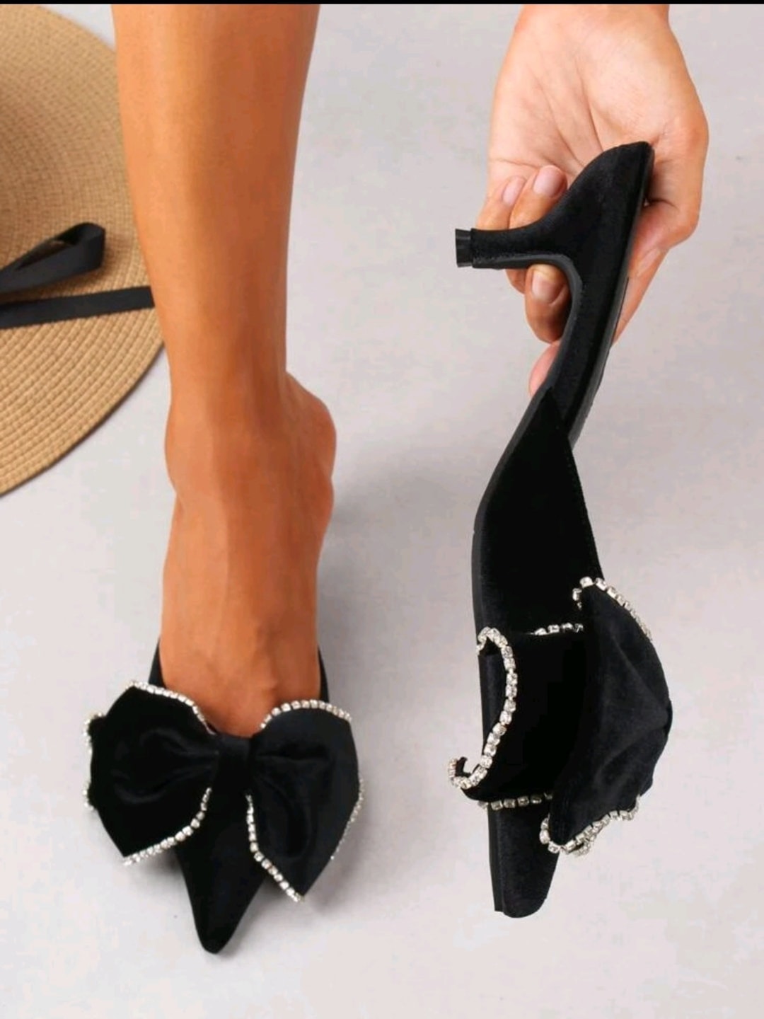 Stylish Slipon Low Black Heel Mules With Big Bow and Rhinestone