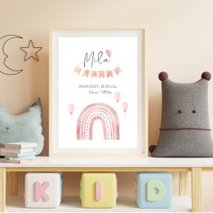 Geburtsposter Regenbogen personalisiert • Poster mit Geburtsdaten und Namen, Geschenk zur Geburt für Eltern Baby Mädchen und Jungen