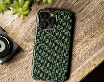 Green, Grey & Black Waves - Seigaiha - Tough Cases - Samsung S20, S21, S22, S23, S24 iPhone 8, X, 11, 12, 13, 14, 15 Google Pixel 5, 6, 7, 8