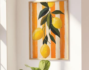 Citroenkunstprint – vintage poster citrus met oranje strepen, muurkunst mediterrane keuken, decor Toscaans zomerfruit