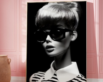 Fashion Doll Poster, Doll Print in schwarz weiß, Retro Doll blond, Doll Magazin, Vintage Wand Kunst, Premium Matte Papier