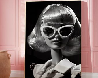 Retro Doll Poster, Puppendruck in schwarz weiß, Puppenwandkunst, blonde Barbie, Puppenzeitschrift, Vintage Wandkunst, Premium Matte Papier