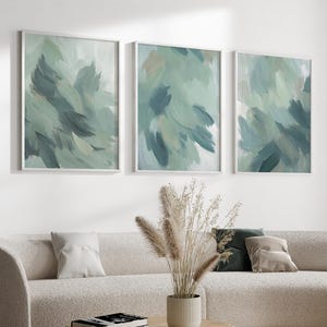 Dusty Green Minimalist Gallery Wall, Set of 3 Printable Wall Art Prints , Large Above Bed Decor, Abstract Blue Art Prints, Instant Download