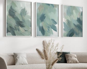 Dusty Green Minimalist Gallery Wall, Set of 3 Printable Wall Art Prints , Large Above Bed Decor, Abstract Blue Art Prints, Instant Download
