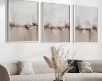 Minimalistische neutrale abstrakte Wandkunst, druckbares Set von 3, Japandi-Wanddekor, moderne nordische beige Drucke, abstraktes Elfenbein-Ölgemälde