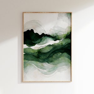 Art mural abstrait vert émeraude, vagues aquarelles modernes et minimalistes - Décoration murale vert émeraude, affiche en papier mat premium