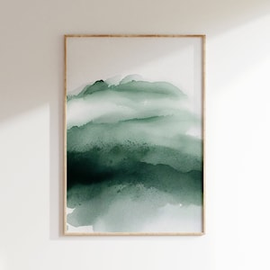 Emerald Green Abstract Wall Art, Minimalist Watercolor Painting, Large Modern Wall Decor, Dark Green Watercolor Art Print, Digital Download