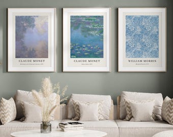 Blue Wall Art Set of 3, Claude Monet, Monet Print, William Morris Poster, Exhibition Poster, Printable Art Set, Vintage Gallery Wall Set