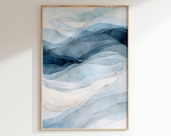 Moderne marineblauwe abstracte muurkunst, ombre aquarel afdrukbare, ombre kunst, minimalistische aquarel prints, slaapkamer decor, digitale download