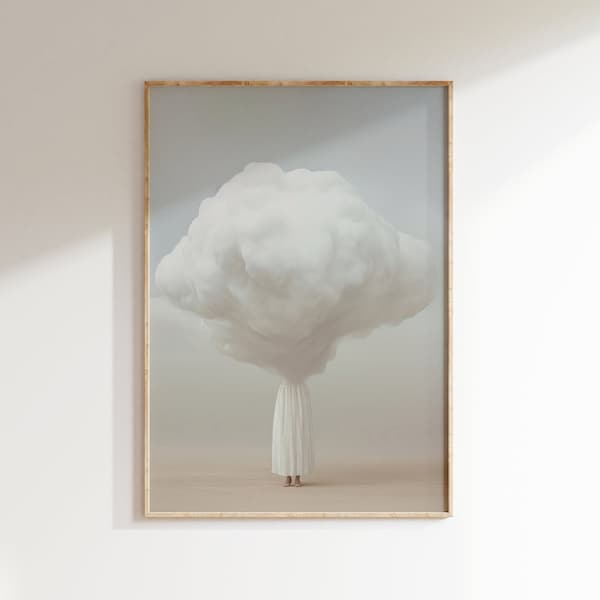 Impresión de arte de pared de nube beige, cartel de nube verde beige y salvia, arte japonés minimalista neutro, arte abstracto, cielo, arte de pared grande
