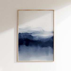 Impresión de acuarela índigo, póster abstracto grande, arte mural de acuarela azul marino, imprimible minimalista moderno, decoración azul oscuro, arte azul