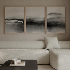 Set of 3 Black and White Wall Art, Watercolor Art Prints, Abstract Poster Set, Bedroom Print Set, Grey Printable Print Set, Digital Download image 3