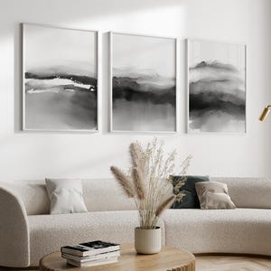 Set of 3 Black and White Wall Art, Watercolor Art Prints, Abstract Poster Set, Bedroom Print Set, Grey Printable Print Set, Digital Download image 1