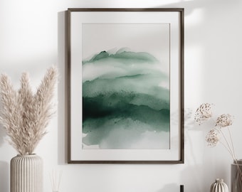 Emerald Green Abstract Wall Art, Minimalist Watercolor Painting, Large Modern Wall Decor, Dark Green Watercolor Art Print, Digital Download