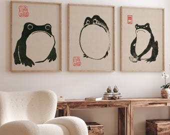 Japanese Frog Printable Wall Art, Matsumoto Hoji Frog Set of 3, Ukiyo-e Frog Print, Vintage Frog Poster, Digital Download, Woodblock Print