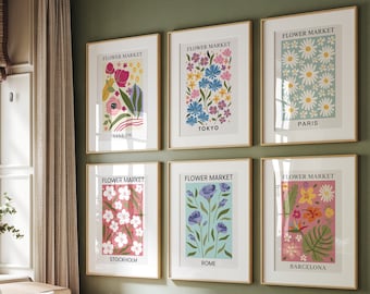 Flower Market Poster - Set Of 6 Prints, Floral Gallery Wall Art Set, Flower Retro Posters, Vintage Wall Art, Kitchen Decor, Digital Download