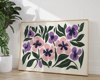 Bloemenkunstprint, roze en groene retro bloemposter voor woonkamer, botanische muurdecoratie uit het midden van de eeuw, vintage geïnspireerde print