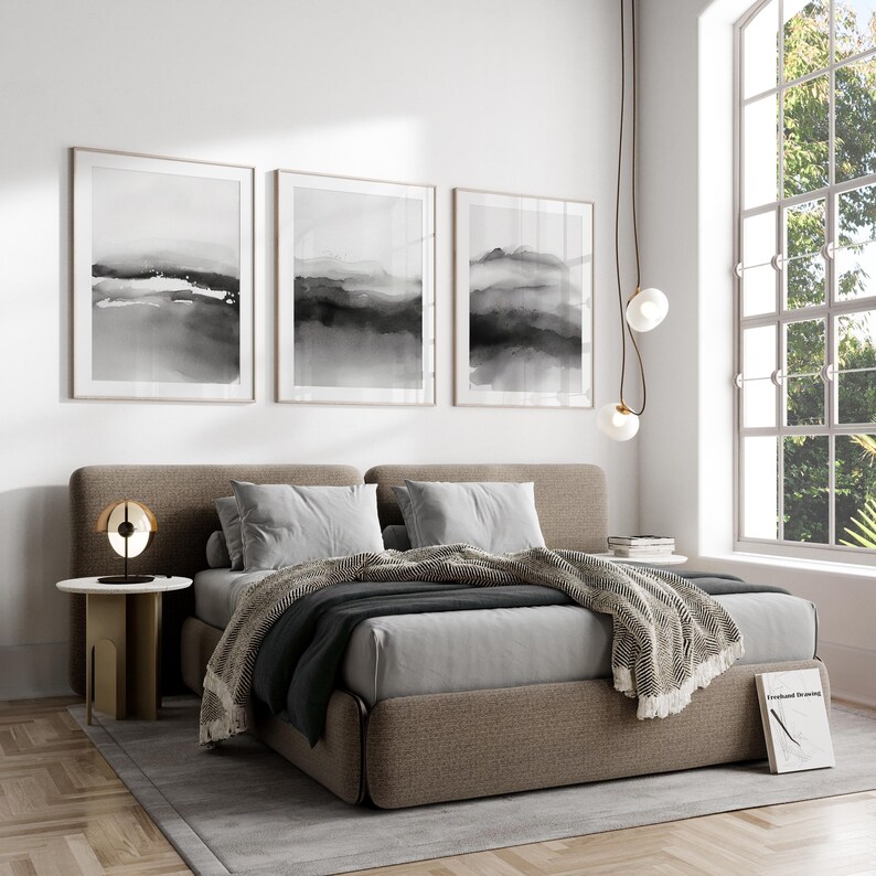 Set of 3 Black and White Wall Art, Watercolor Art Prints, Abstract Poster Set, Bedroom Print Set, Grey Printable Print Set, Digital Download image 2