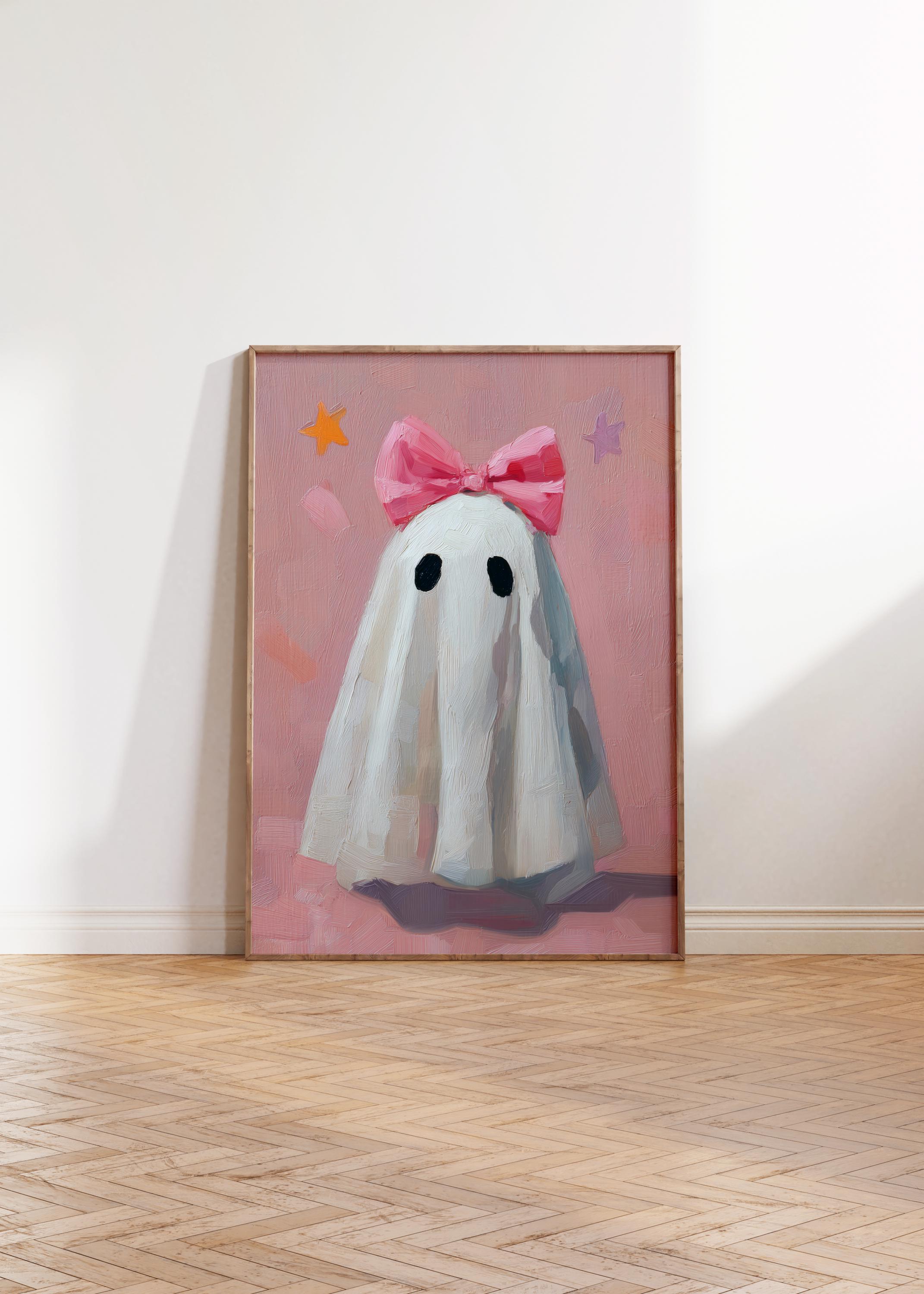 Ghost Art Print Cute Ghost With Pink Bow Painting Pink Halloween Decor ...
