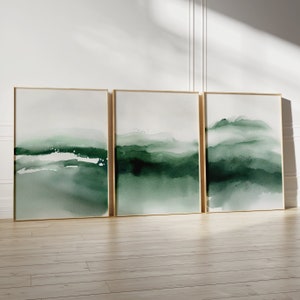 Smaragdgrüne abstrakte Wandkunst, 3-teiliges Set, dunkelgrüne Drucke, perfekt für modernes minimalistisches Dekor, sofortiger Download druckbar