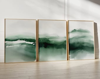Emerald Green Abstract Wall Art, 3 Piece Set, Dark Green Prints, Perfect for Modern Minimalistic Decor, Instant Download Printable