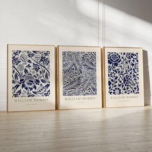 Set di 3 stampe di William Morris, poster di William Morris, Art Nouveau, arte floreale blu, stampa da cucina vintage, poster su carta opaca di alta qualità