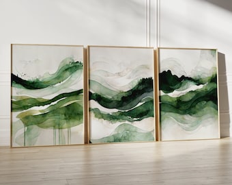 Minimalistische afdrukbare muurkunst set van 3, abstracte moderne aquarel golven - smaragdgroen galerij wanddecoratie, woonkamer