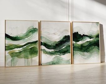 Lot de 3 oeuvres d'art murales imprimables minimalistes, vagues aquarelles modernes abstraites - Décoration murale vert émeraude, salon