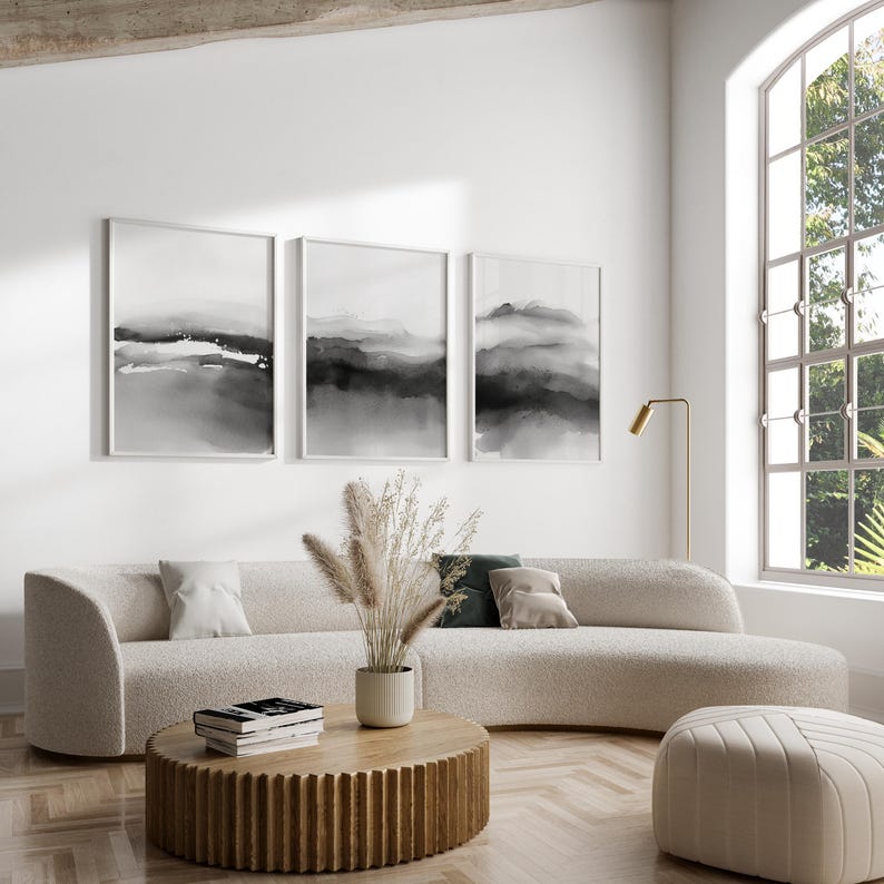 Set of 3 Black and White Wall Art, Watercolor Art Prints, Abstract Poster Set, Bedroom Print Set, Grey Printable Print Set, Digital Download image 1