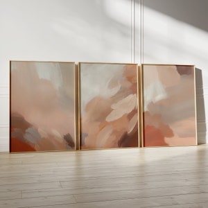 テラコッタとベージュの北欧風シンプルウォールアート - 3ピースの抽象的な大きなオレンジ色のセット、ミニマリストの抽象的なウォールアート、プレミアムマットペーパーポスター
