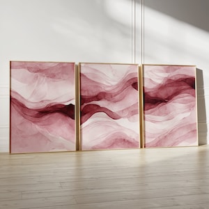 Wine Red Printable Wall Art Set of 3, Boho Wall Art, Abstract Landscape, Watercolor Waves Prints, Burgundy Gallery Wall, Bohemian Wall Art