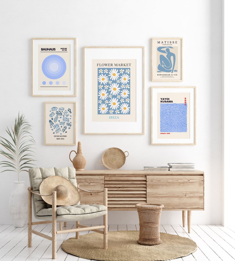 Blue Gallery Wall Art, Set of 6 Matisse, Yayoi Kusama, Keith Haring Gallery Wall Art Prints