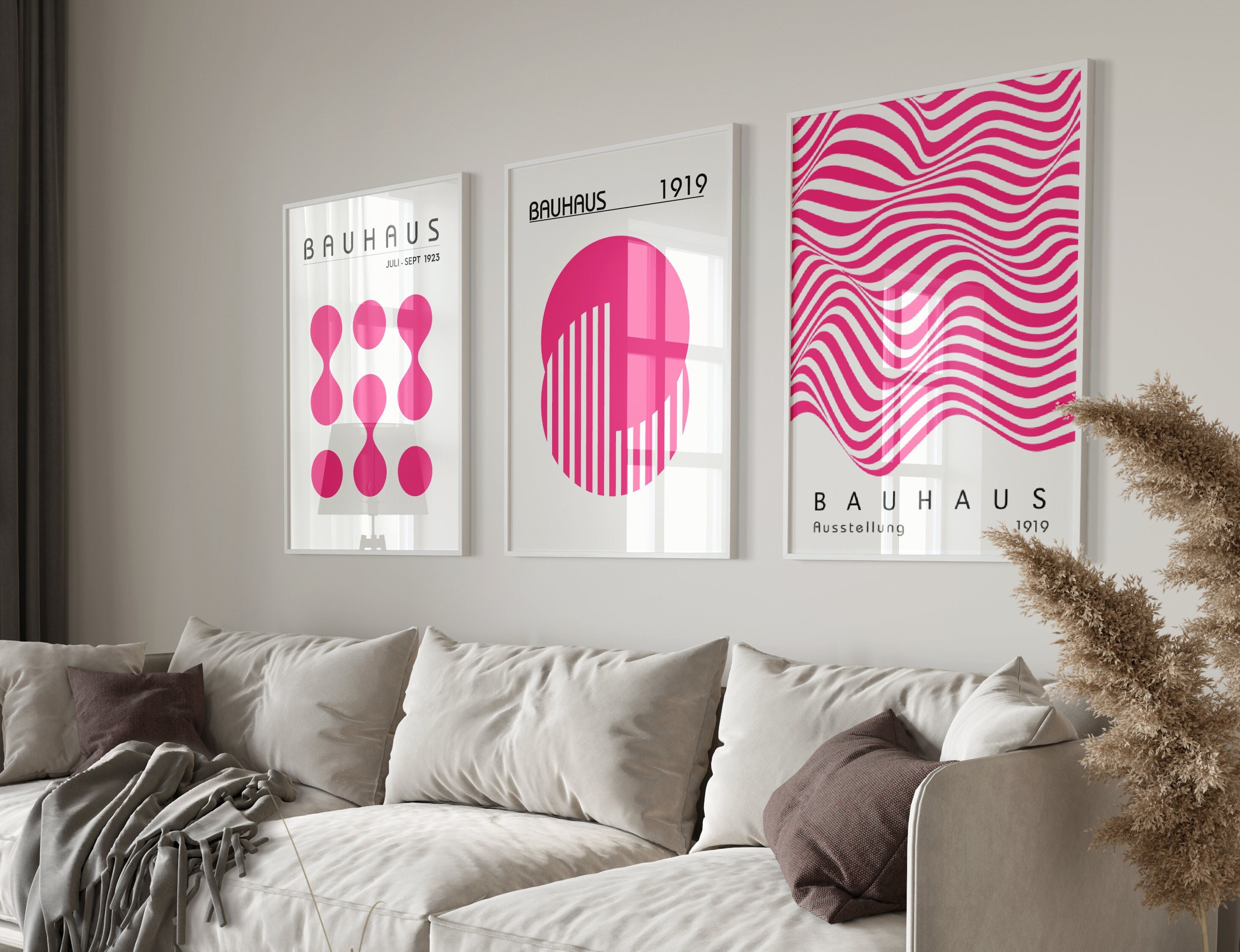 Set of 3 Pink Bauhaus, Bauhaus Poster, Modern Pink Wall Art, Minimalist ...