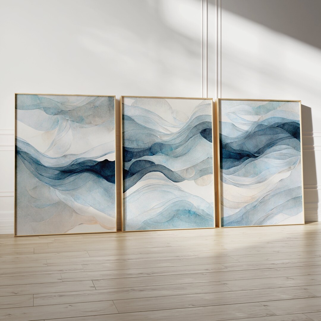 Modern Navy Blue Abstract Wall Art - Set of 3, Ombre Watercolor ...