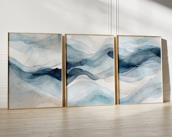 Navy Blue Abstract Watercolor Prints: Minimalist Ombre Wall Art Set