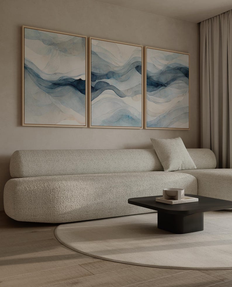Modern Navy Blue Abstract Wall Art - Set of 3, Ombre Watercolor ...