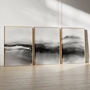 Set of 3 Black and White Wall Art, Watercolor Art Prints, Abstract Poster Set, Bedroom Print Set, Grey Printable Print Set, Digital Download image 4