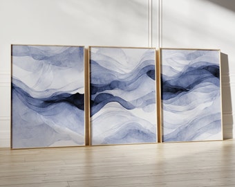 Dark Blue Abstract Wall Art, Watercolor Waves, Printable Wall Art Set of 3, Minimalist Prints for Living Room and Bedroom, Digital Art Print