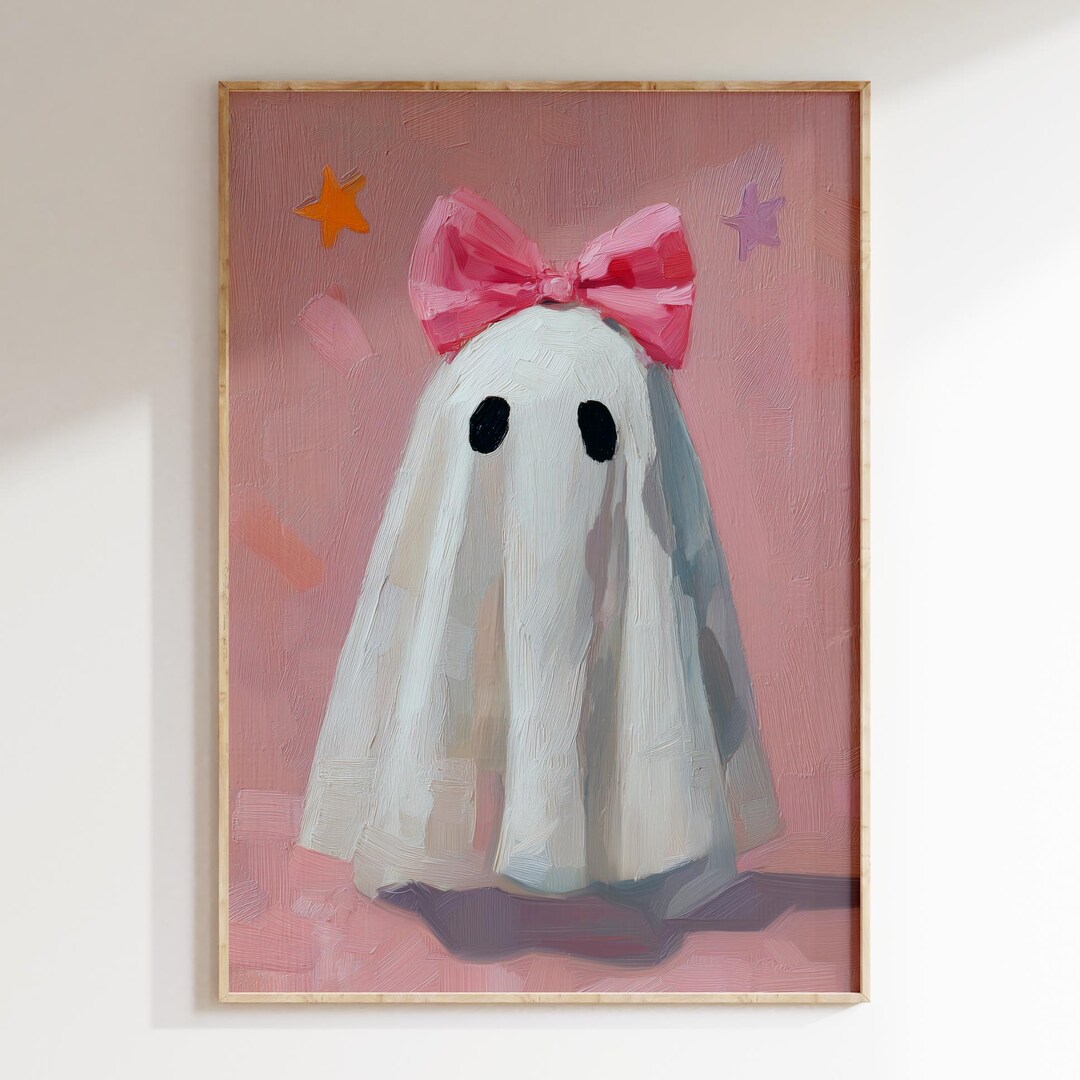 Ghost Art Print Cute Ghost With Pink Bow Painting Pink Halloween Decor ...